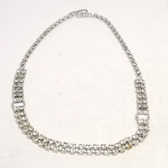 Vintage Rhinestone Collar Necklace, Silver Tone Prong Set, Hook Clasp Adjustable - Picture 5 of 5